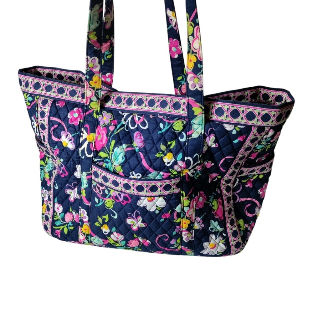 Vera Bradley Mandy Ribbons Pattern Navy Blue with Pink Flowers Tote